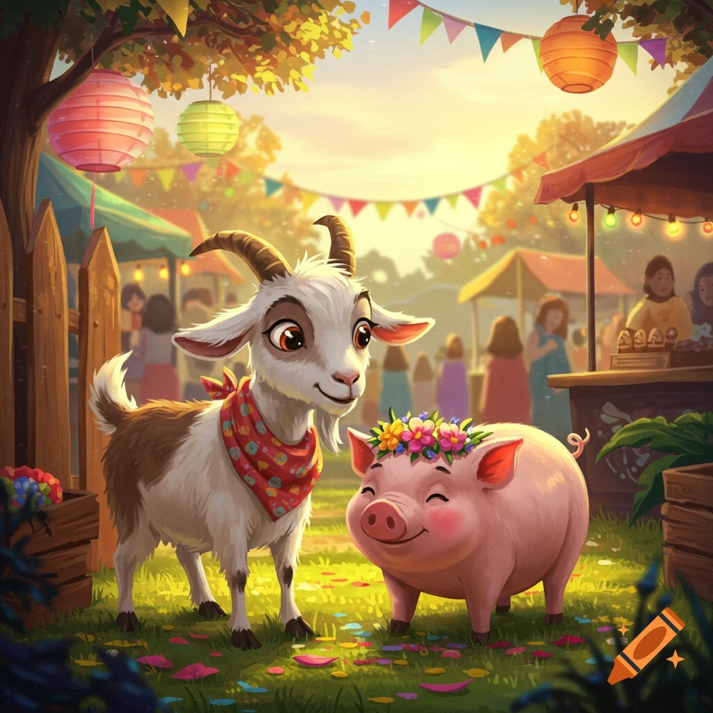 A cartoon goat wearing a bandana and a pig with a flower crown smile at a sunny outdoor festival with colorful lanterns.