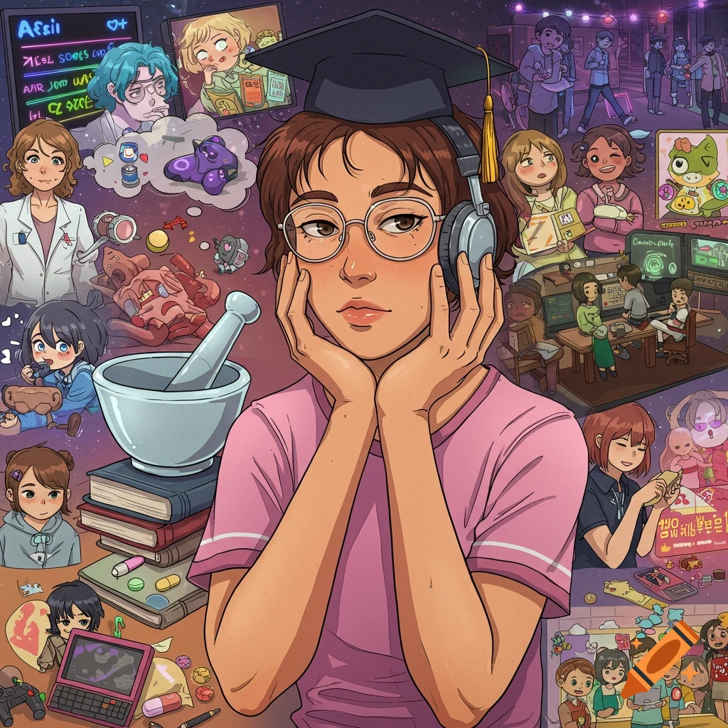 An anime-style illustration of a student in a graduation cap and headphones, surrounded by vignettes of her studies, a mortar and pestle, friends, and hobbies like gaming and dancing.