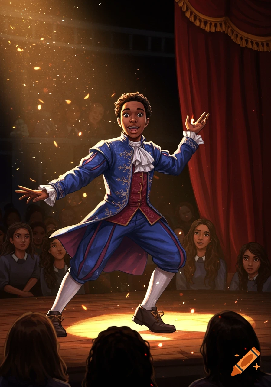 An illustrated black teenage boy performs on a theatre stage in a blue and red period costume under a spotlight, with an audience.