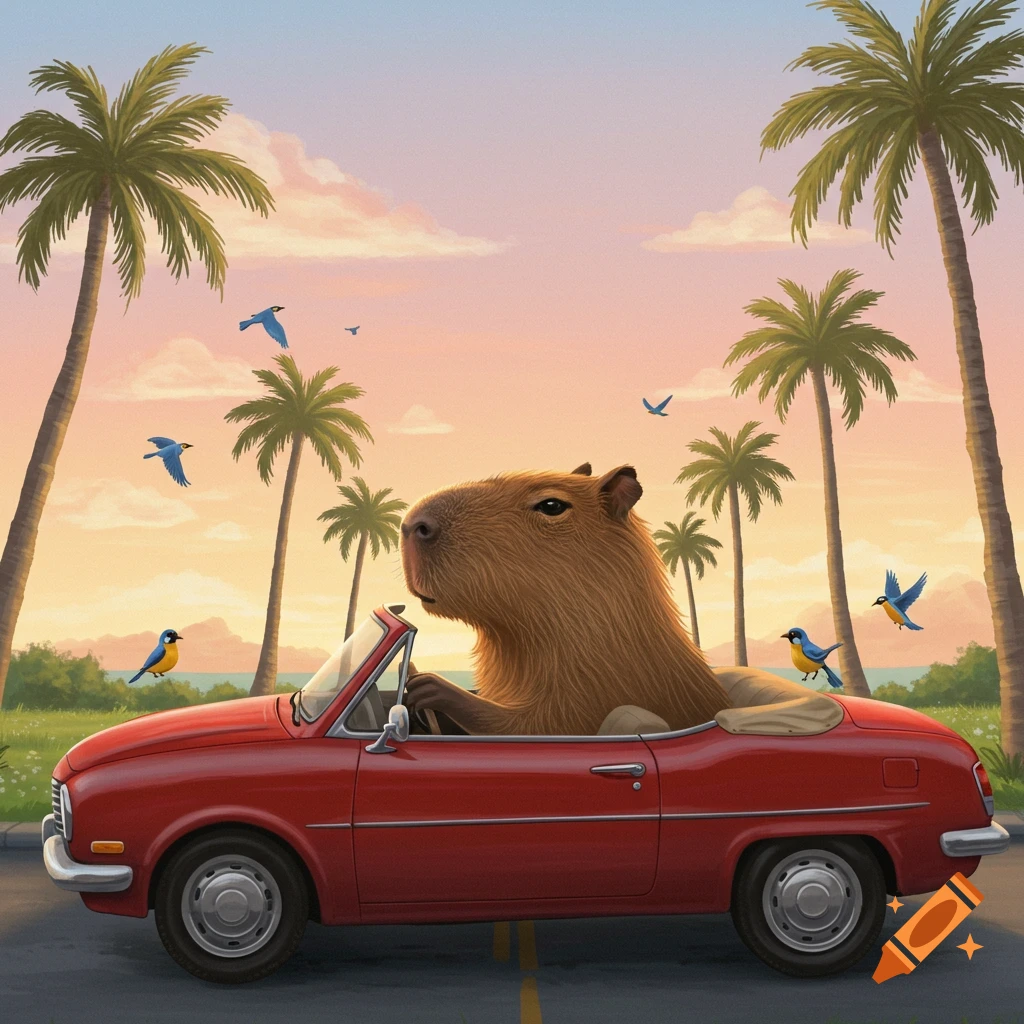 A capybara drives a red convertible on a road with palm trees and birds against a sunset sky. Illustrative style.