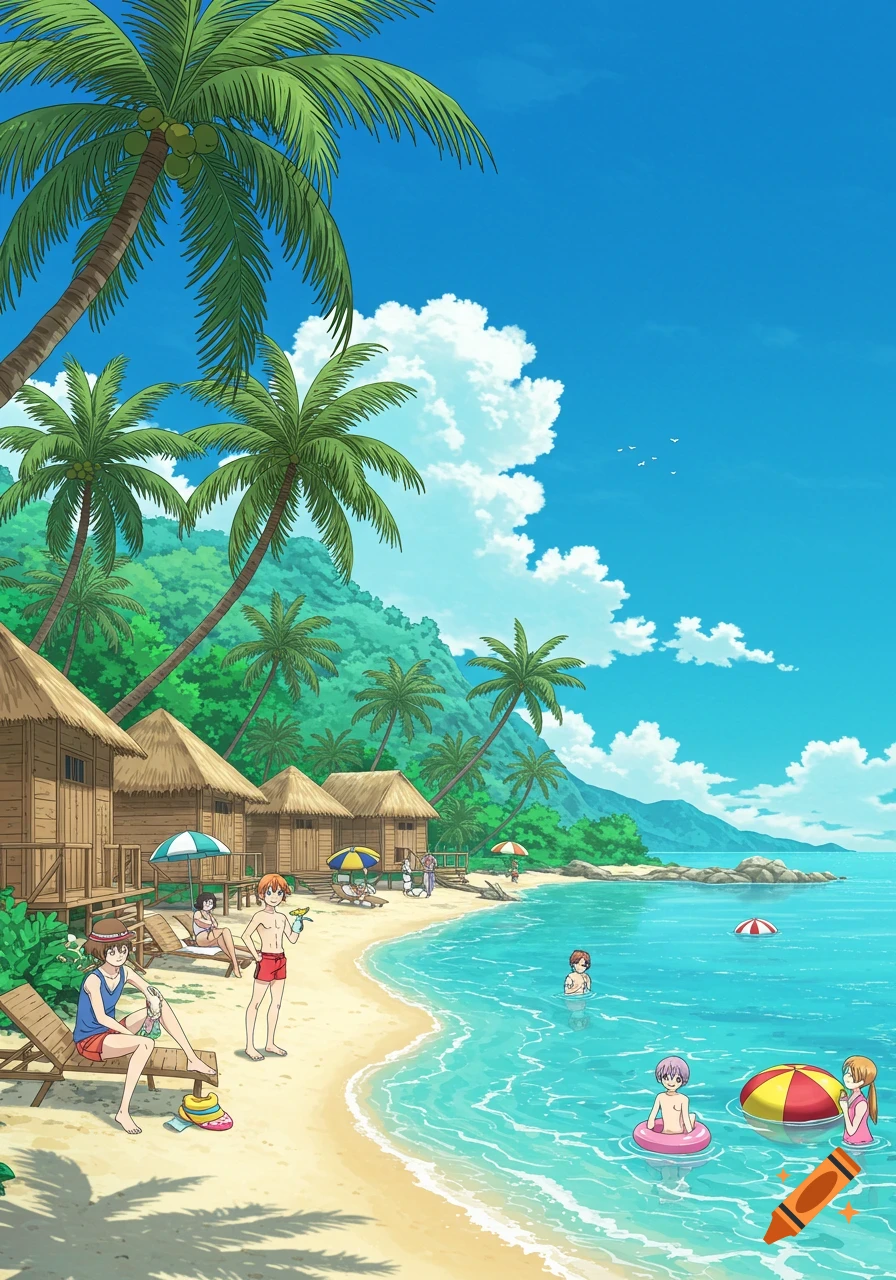 Anime-style tropical beach resort with wooden bungalows, palm trees, and people relaxing and swimming.