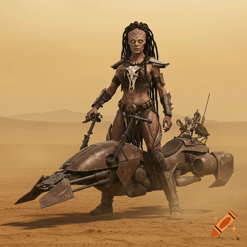 An alien huntress with dreadlocks and glowing yellow eyes stands beside a rusty hoverbike in a dusty desert wasteland.