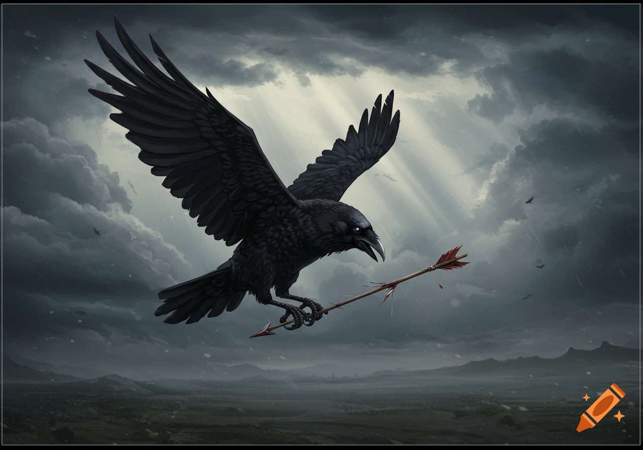 A black crow flies through a stormy sky, clutching a broken, blood-stained arrow in its talons over a vast landscape.
