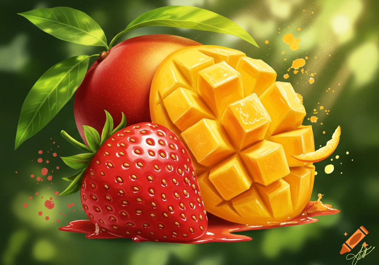 Vibrant digital art illustration of a whole mango, a sliced mango, and a strawberry with juice splatters.