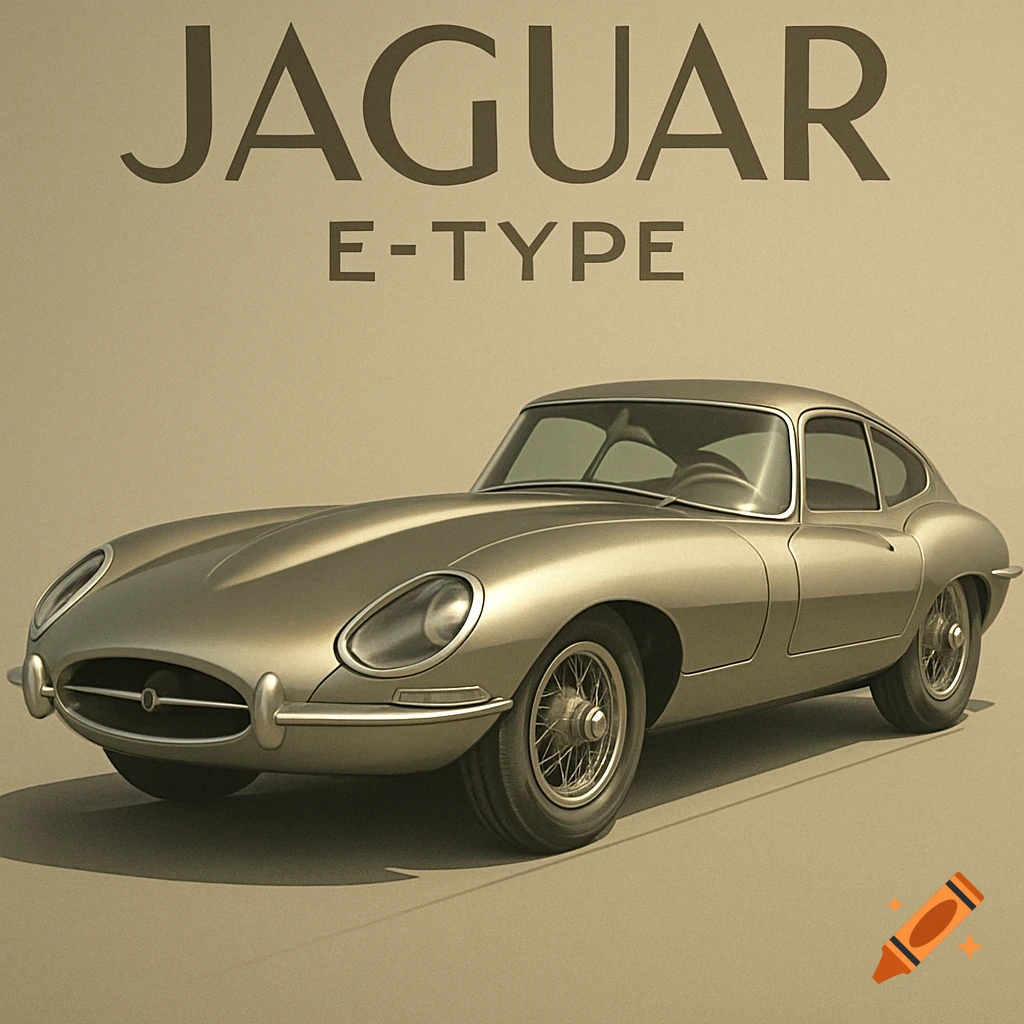 Art deco rendering of a muted metallic gold Jaguar E-Type classic car with 'JAGUAR E-TYPE' text above it.