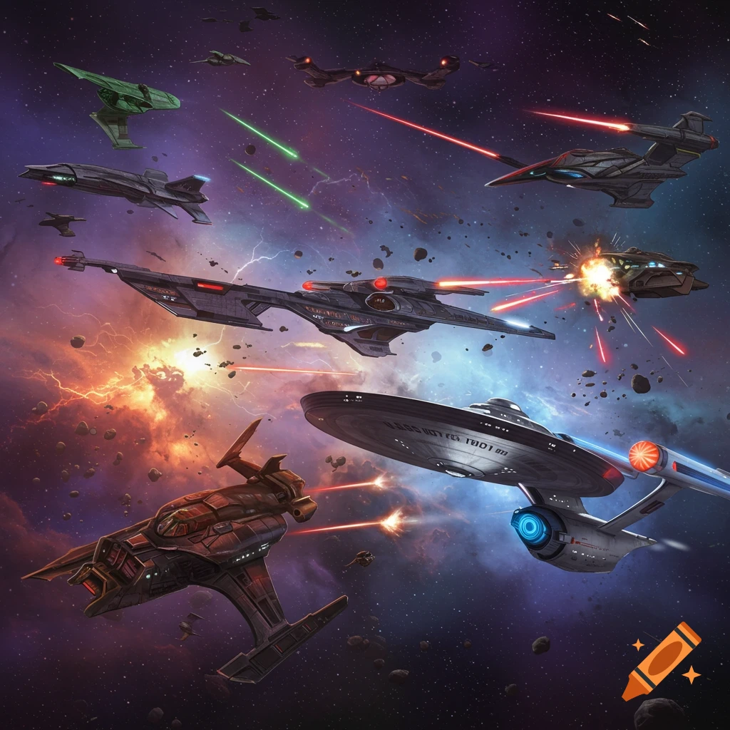 A dynamic illustration of a Star Trek space battle with multiple Starfleet and alien ships firing lasers amidst glowing nebulae and asteroids.
