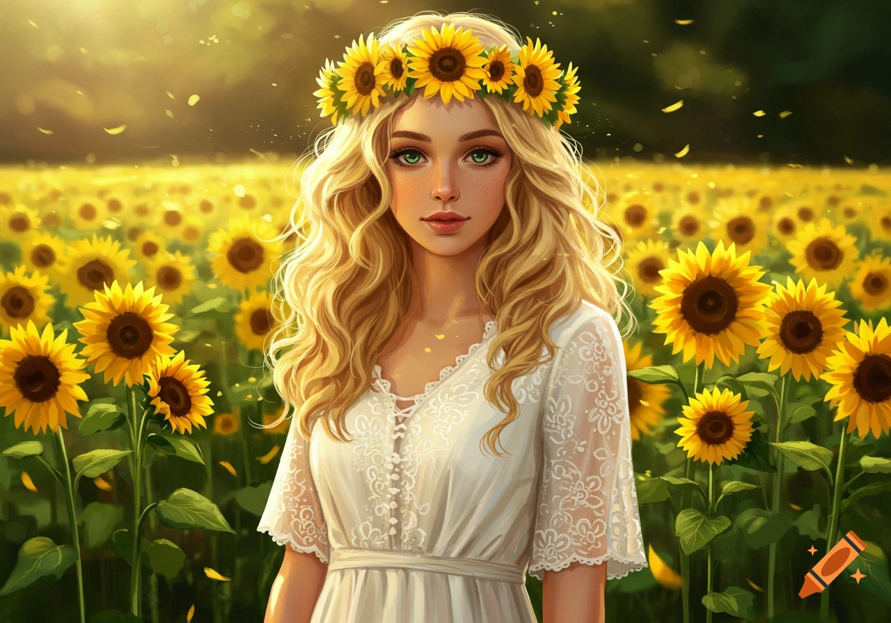 Blonde woman with green eyes and sunflower crown in a sunny field of sunflowers, digital painting.
