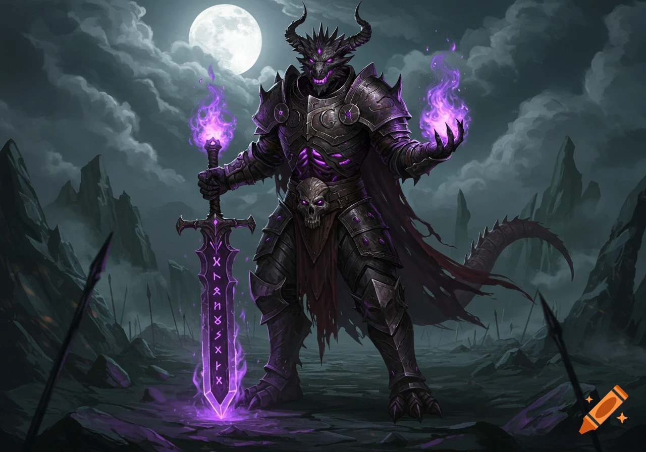 An armored undead dragonborn paladin wields a glowing purple sword and magic in a dark, rocky landscape under a full moon.