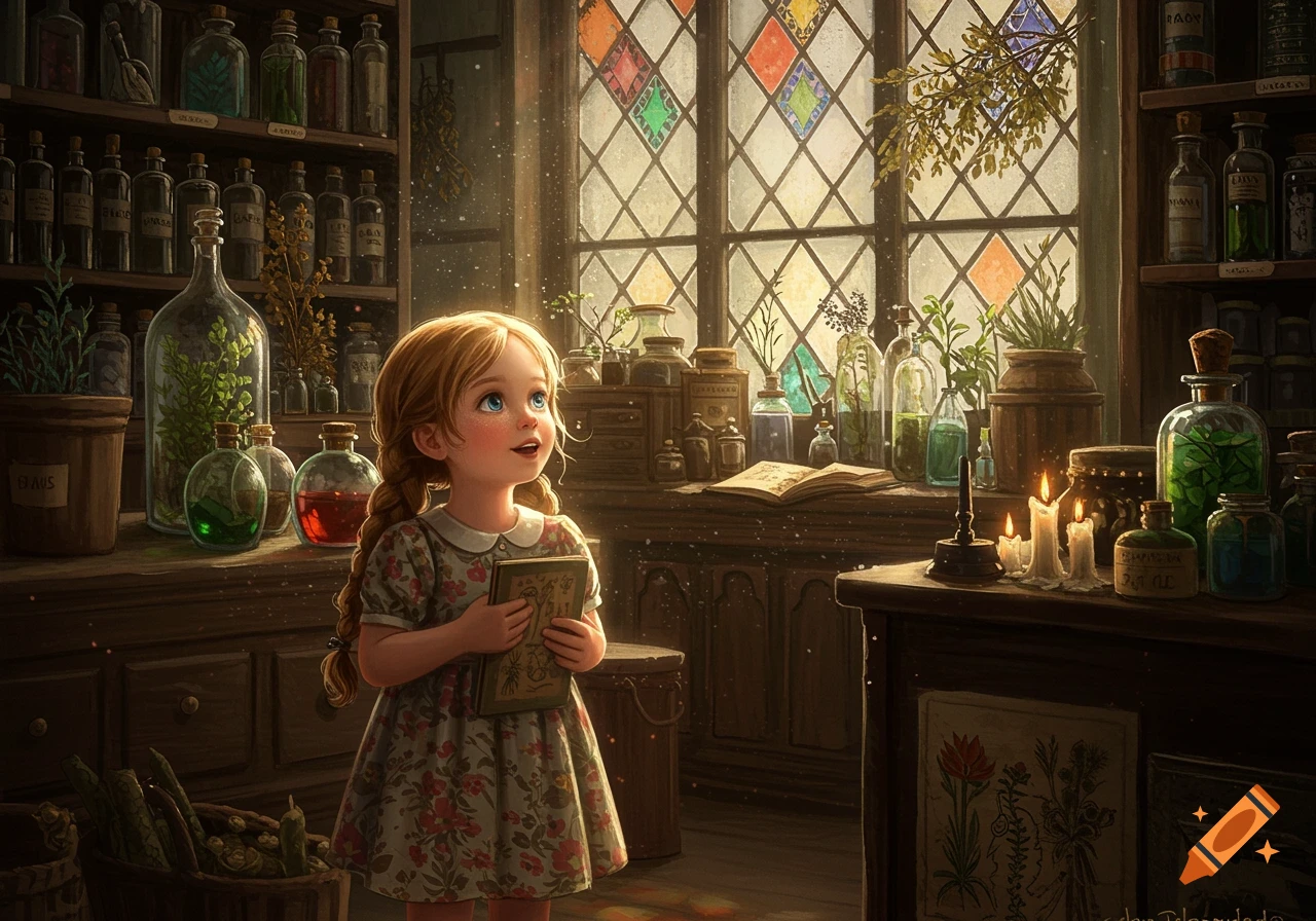 A young girl with pigtails holds a book in a sunlit apothecary with shelves of jars and plants. Digital painting.