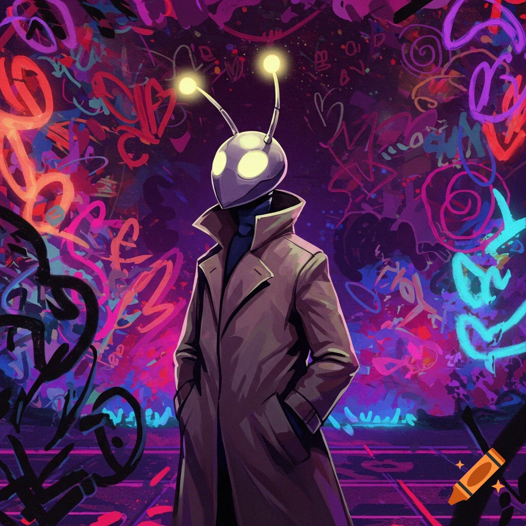 A stylized character with a grey helmet, glowing antennae, and big eyes, wearing a brown trench coat against a vibrant neon graffiti background.