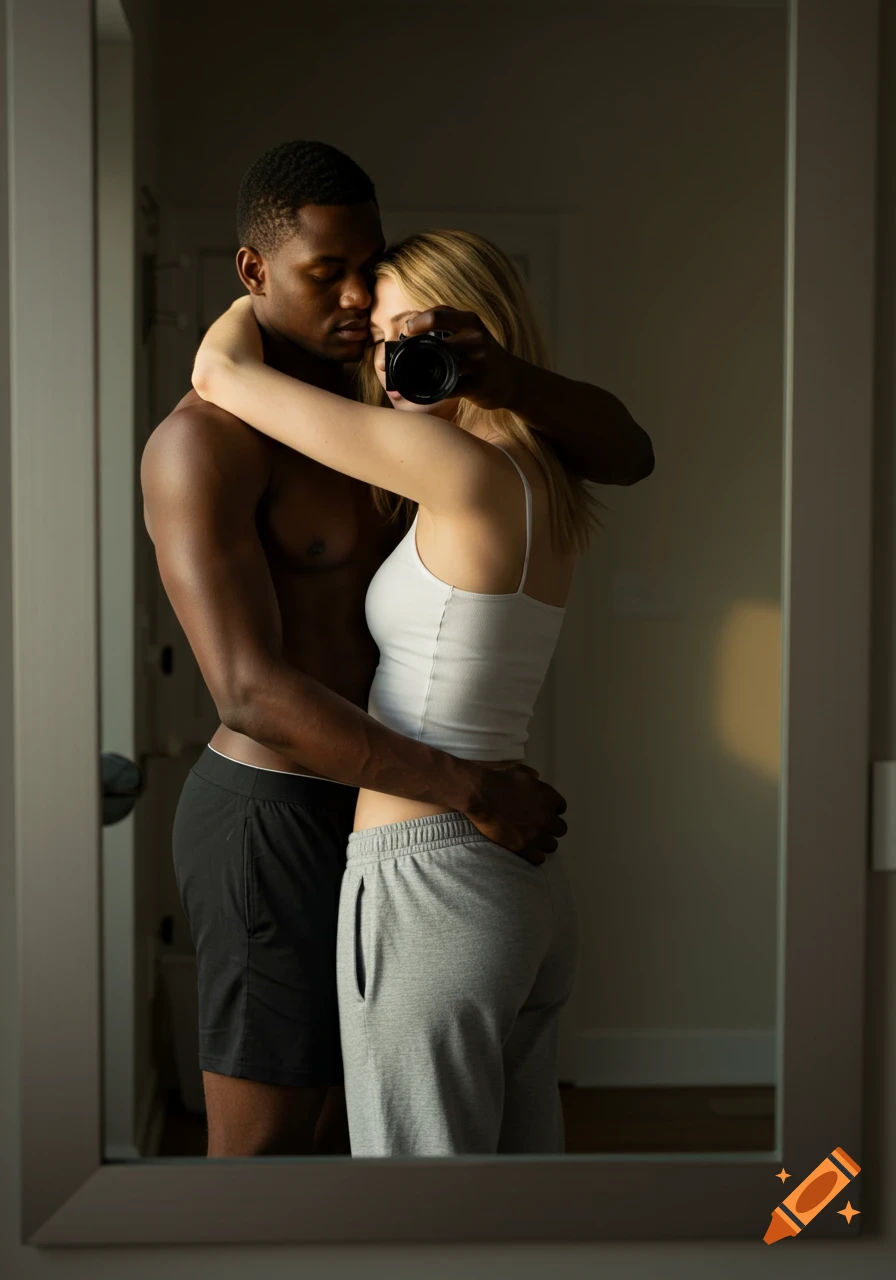 A diverse couple embracing in a mirror reflection, the woman taking a selfie with a camera, photorealistic.