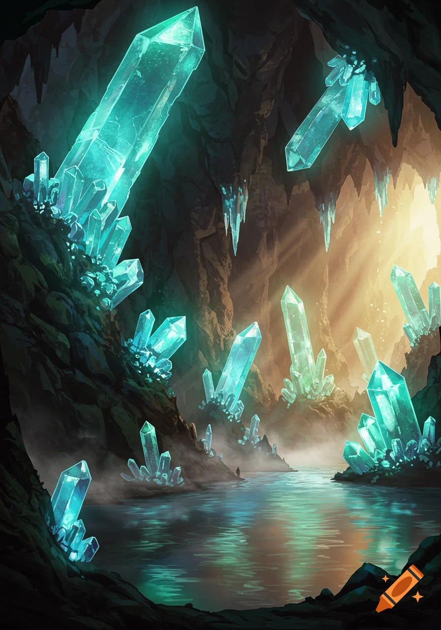 A dark cave illuminated by numerous glowing teal crystals lining the walls and a reflective pool of water, with a person standing by the shore.