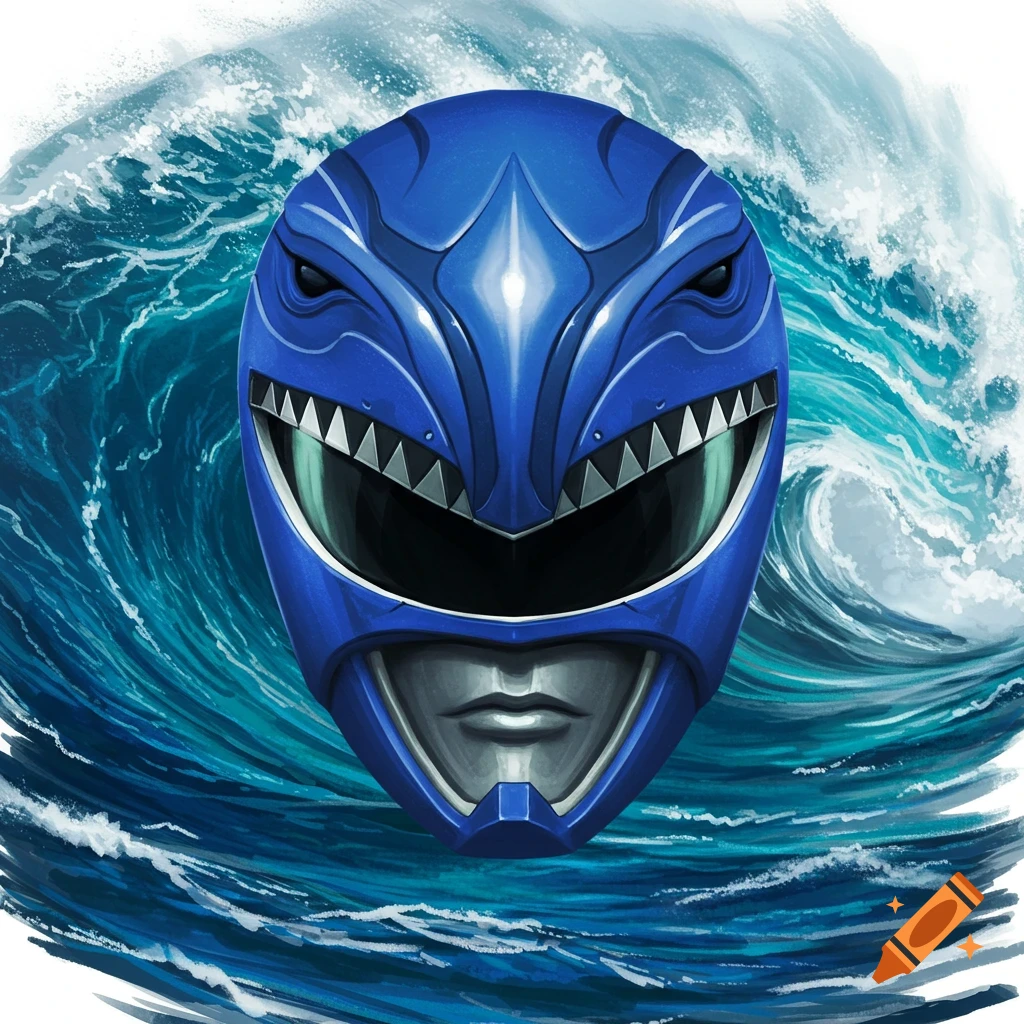 A detailed blue Power Ranger helmet with a shark-like visor against a dynamic blue ocean wave background, digital illustration.