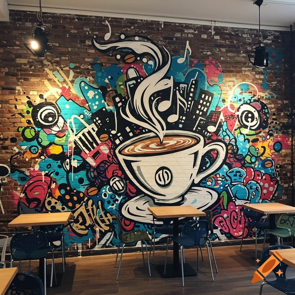 A vibrant graffiti mural on a brick cafe wall features a large white coffee cup with steam, surrounded by cityscapes, musical notes, and colorful abstract patterns. Tables and chairs are visible in the foreground.