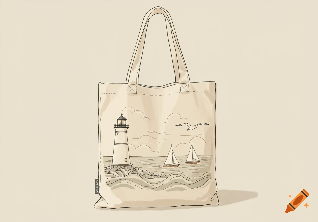 A minimalist sketch on a beige tote bag featuring a lighthouse, two sailboats, and a seagull over water, in muted colors.