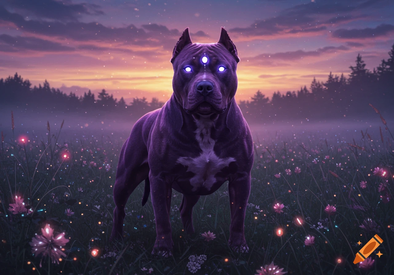 A purple pitbull with three glowing eyes stands in a mystical field with glowing flowers at sunset.