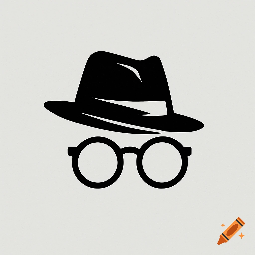 Minimalist black silhouette logo of a fedora hat above round glasses on a light grey background.