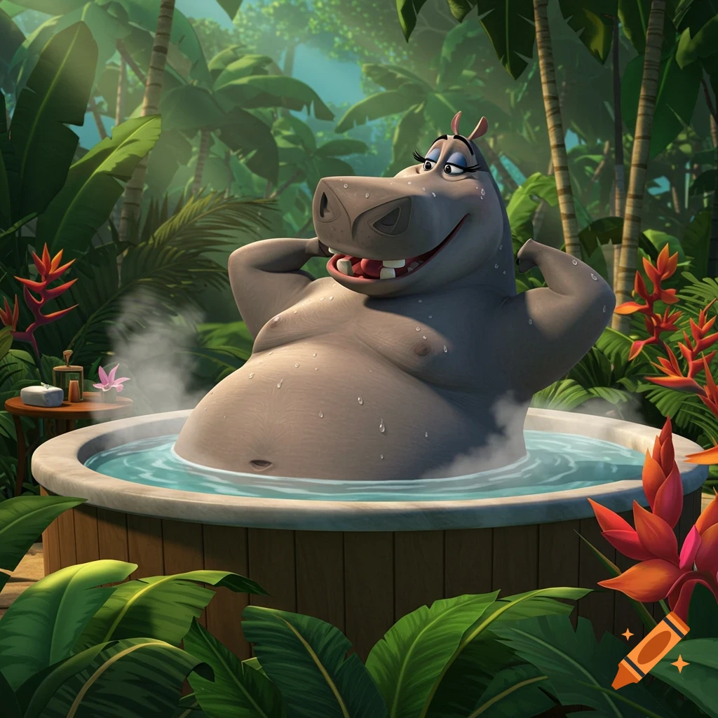 Cartoon hippo Gloria from Madagascar relaxing in a hot tub in a lush jungle, flexing her arms happily.