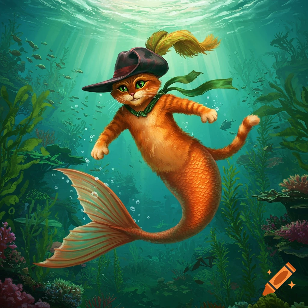 Puss in Boots as a mermaid, swimming gracefully underwater among vibrant coral and seaweed, wearing a hat and green scarf.
