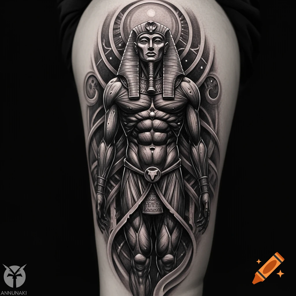 Detailed black and white tattoo design of a muscular Annunaki god wearing a pharaoh headdress, with an ornate circular background.