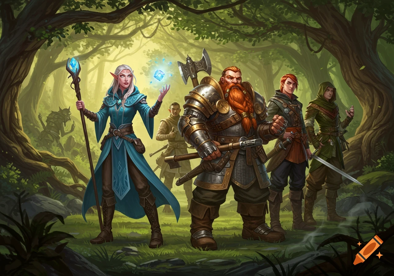 A group of fantasy adventurers, including an elf, a dwarf, and humans, stand in an enchanted forest.