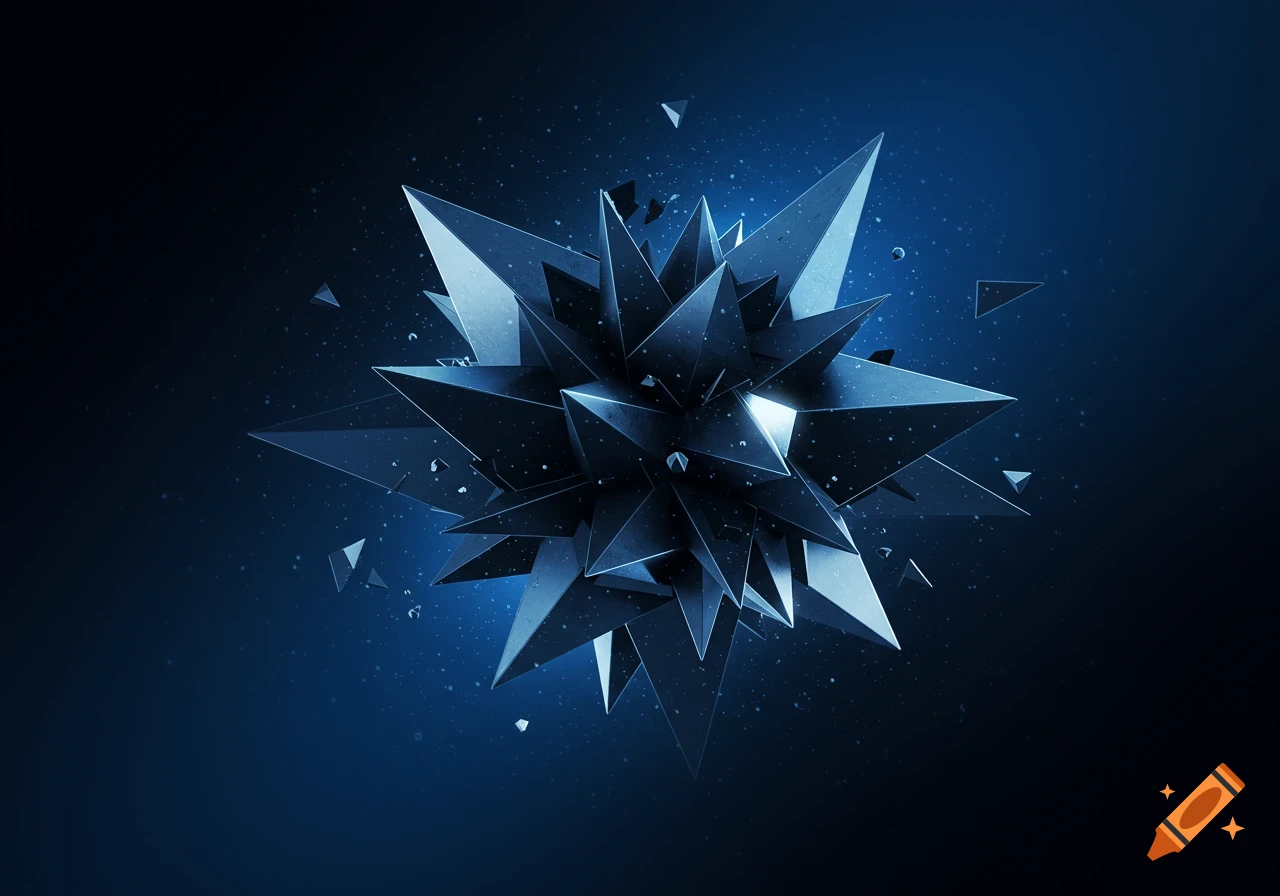 A vibrant blue and black spiky geometric crystal floats in dark space with small glowing particles.