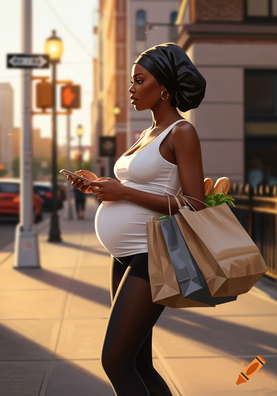 A pregnant Black woman in a white tank top and black tights walks on a city street, holding a phone and shopping bags. Photorealistic.