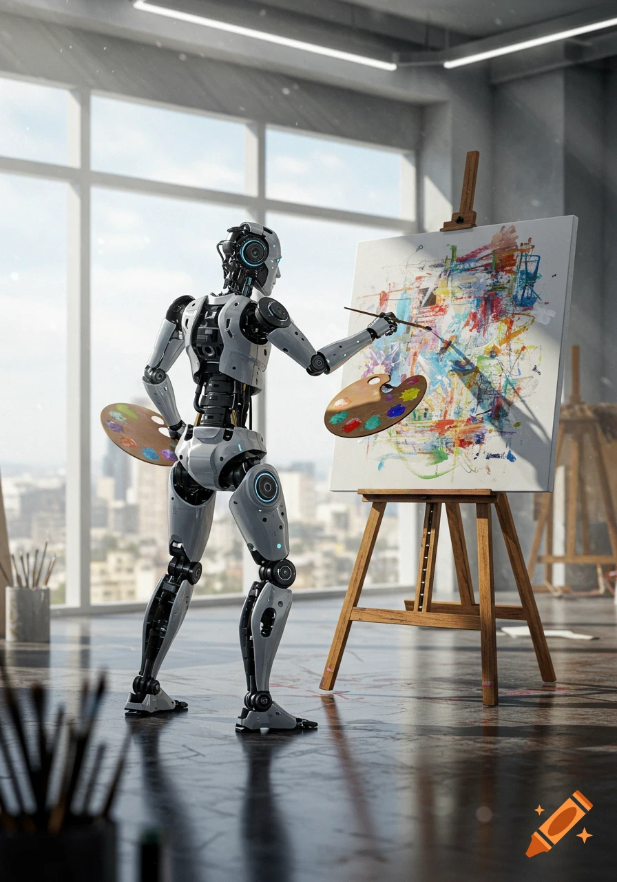 A photorealistic robot artist paints an abstract canvas in a bright studio with city views.