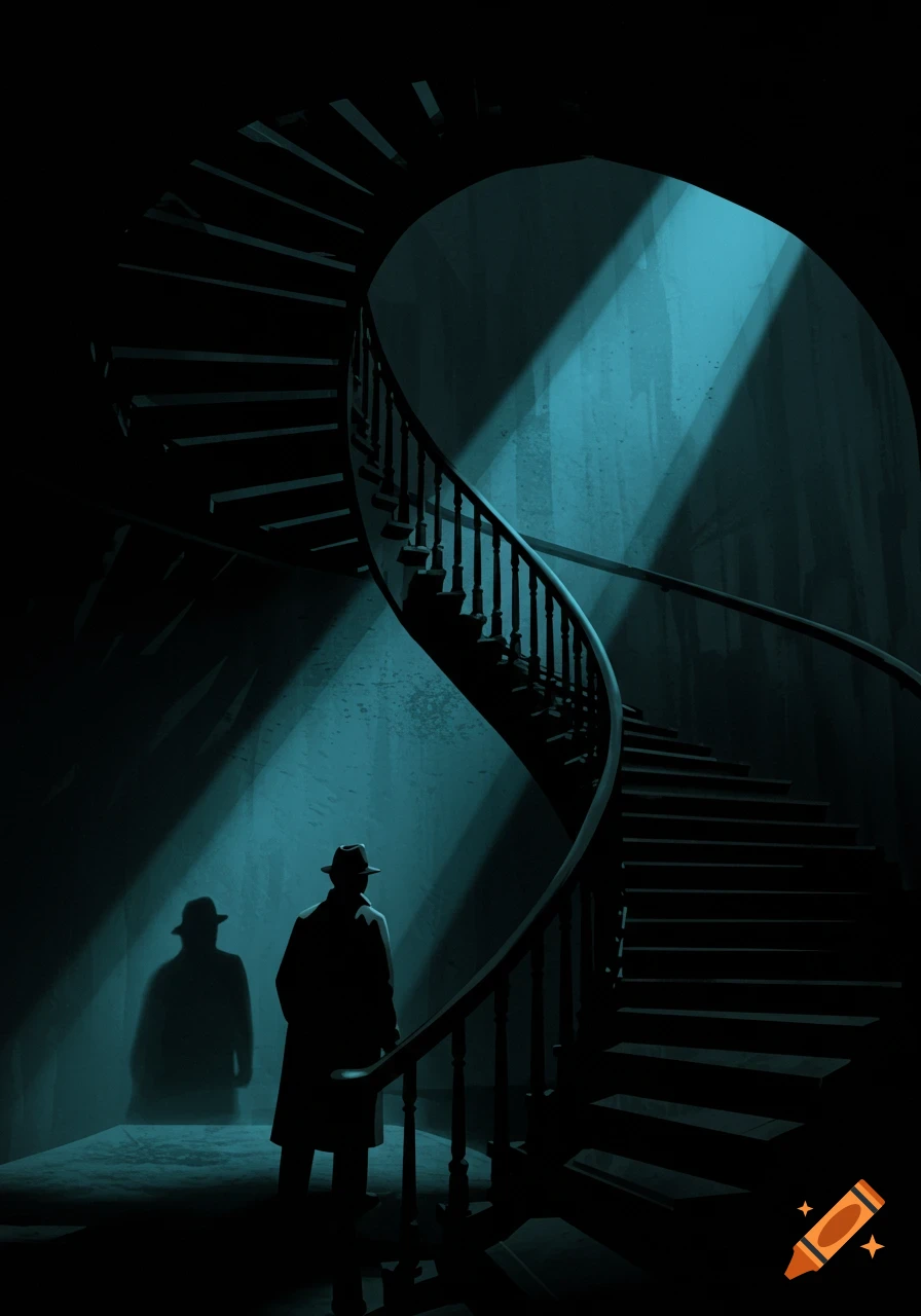 A noir-style illustration of a detective silhouette at the bottom of a grand spiral staircase, lit by eerie blue light.