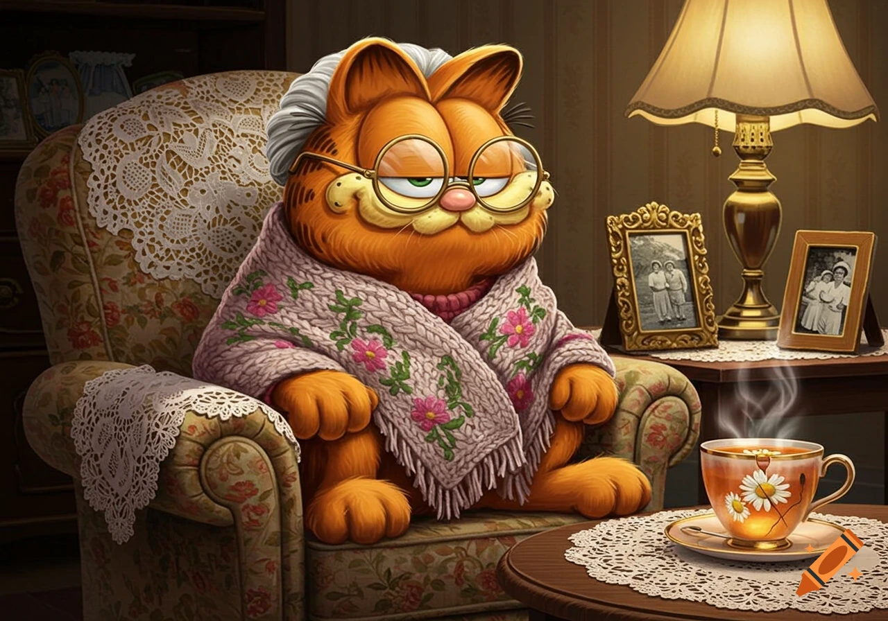 Garfield as a grandma, wearing glasses and a knitted shawl, sits in an armchair with a steaming teacup on a table beside him.
