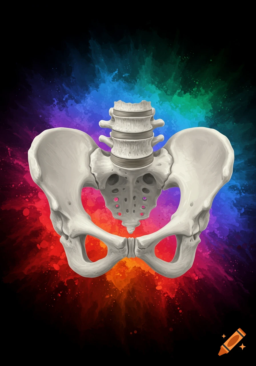 Anatomical illustration of a human pelvis and lumbar spine against a vibrant rainbow watercolor background.