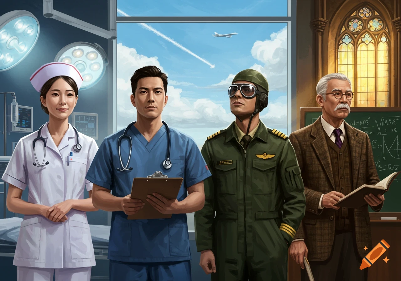 An illustration featuring a nurse, a doctor, a pilot, and a professor, each in their professional setting.