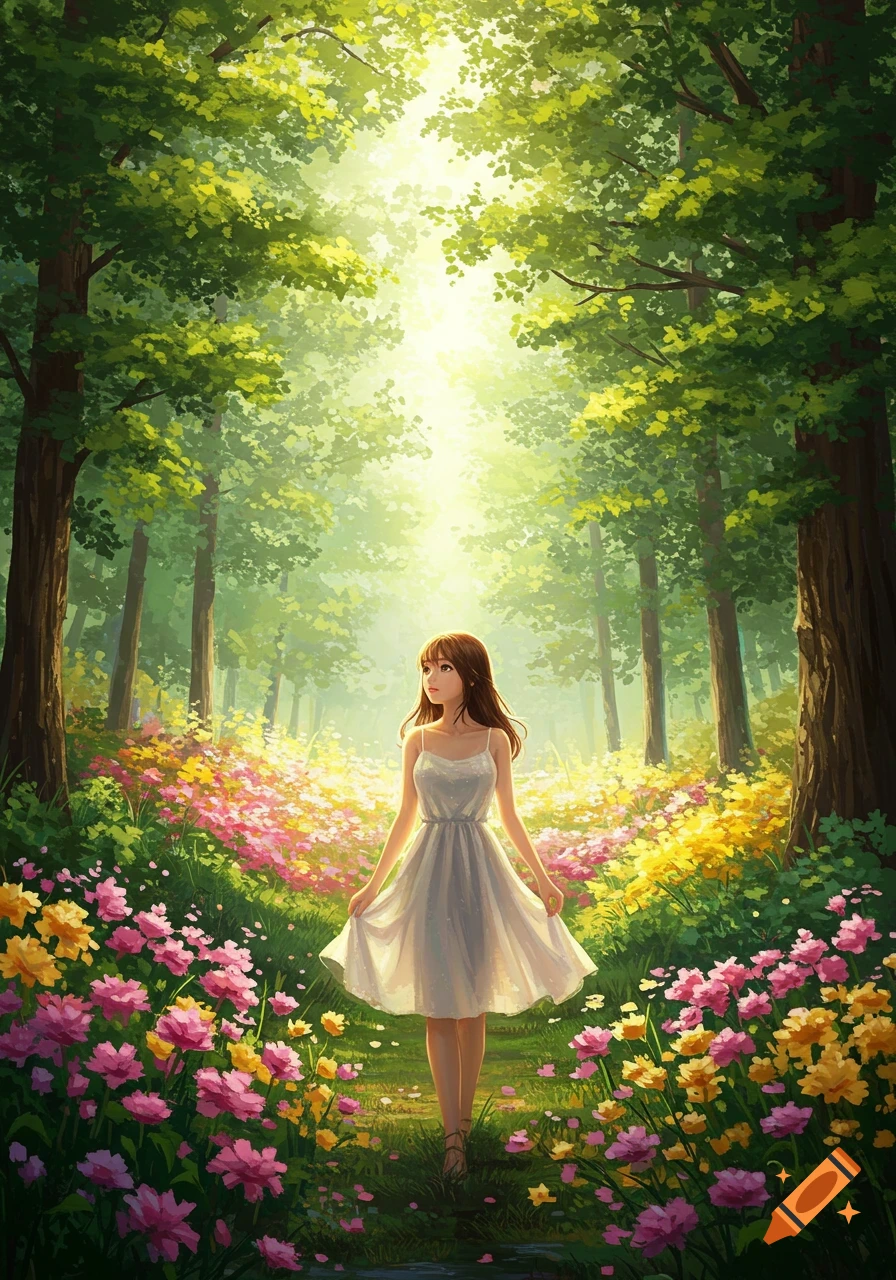 An anime girl in a white sundress walks through a vibrant, sunlit forest path filled with pink and yellow flowers.