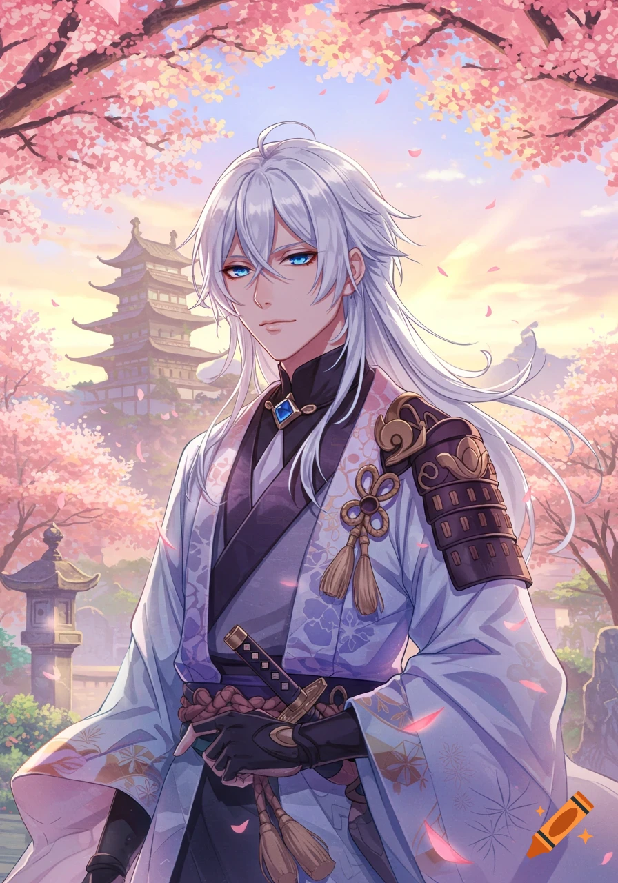 An anime man with white hair and blue eyes in traditional Japanese attire, holding a katana, standing in a cherry blossom garden with a pagoda.