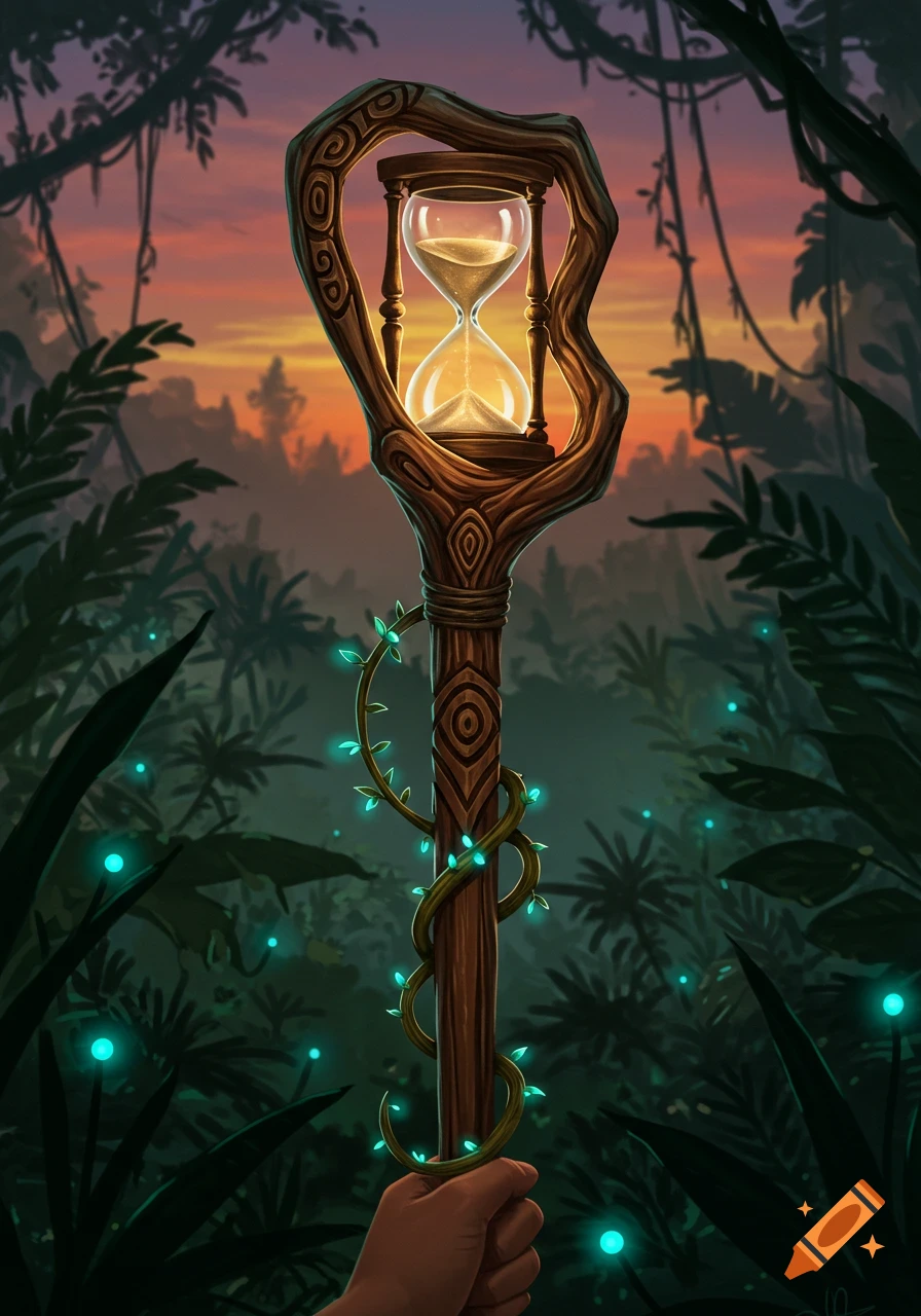 A hand holds a carved wooden staff featuring a glowing hourglass, wrapped in a glowing vine, set against a lush jungle sunset.