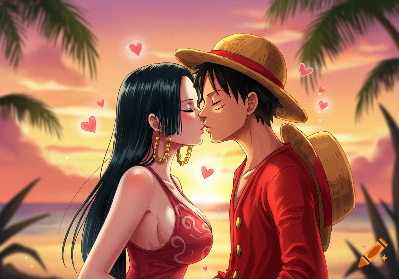 Luffy and Hancock from One Piece sharing a sweet kiss on a tropical beach at sunset, surrounded by floating hearts in anime style.