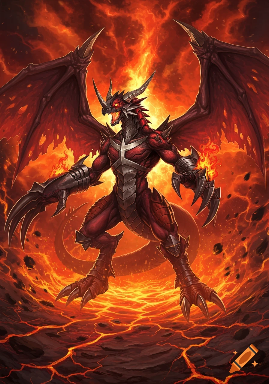 A powerful red dragon-like creature with large wings and sharp claws stands on fiery, cracked ground, engulfed in flames.