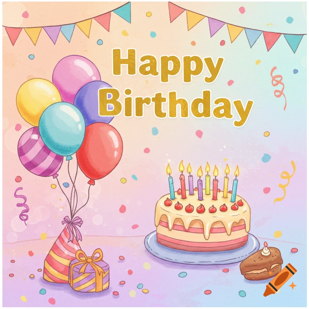 Watercolor birthday card with 'Happy Birthday' text, balloons, a cake with candles, and gift boxes surrounded by confetti.