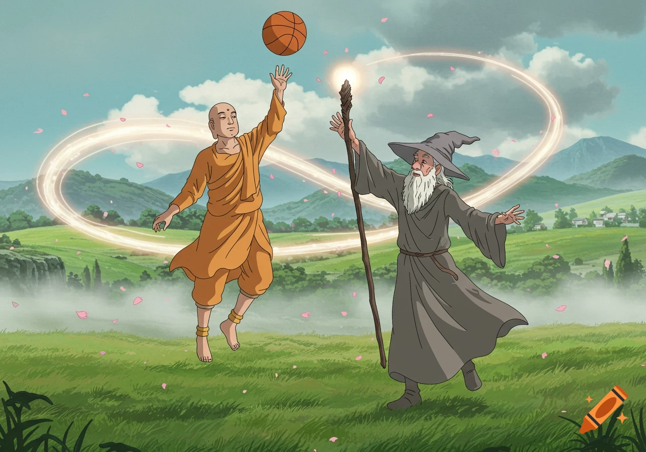 A monk-like figure shoots a basketball over a wizard with a staff in a fantasy landscape, Miyazaki animation style.