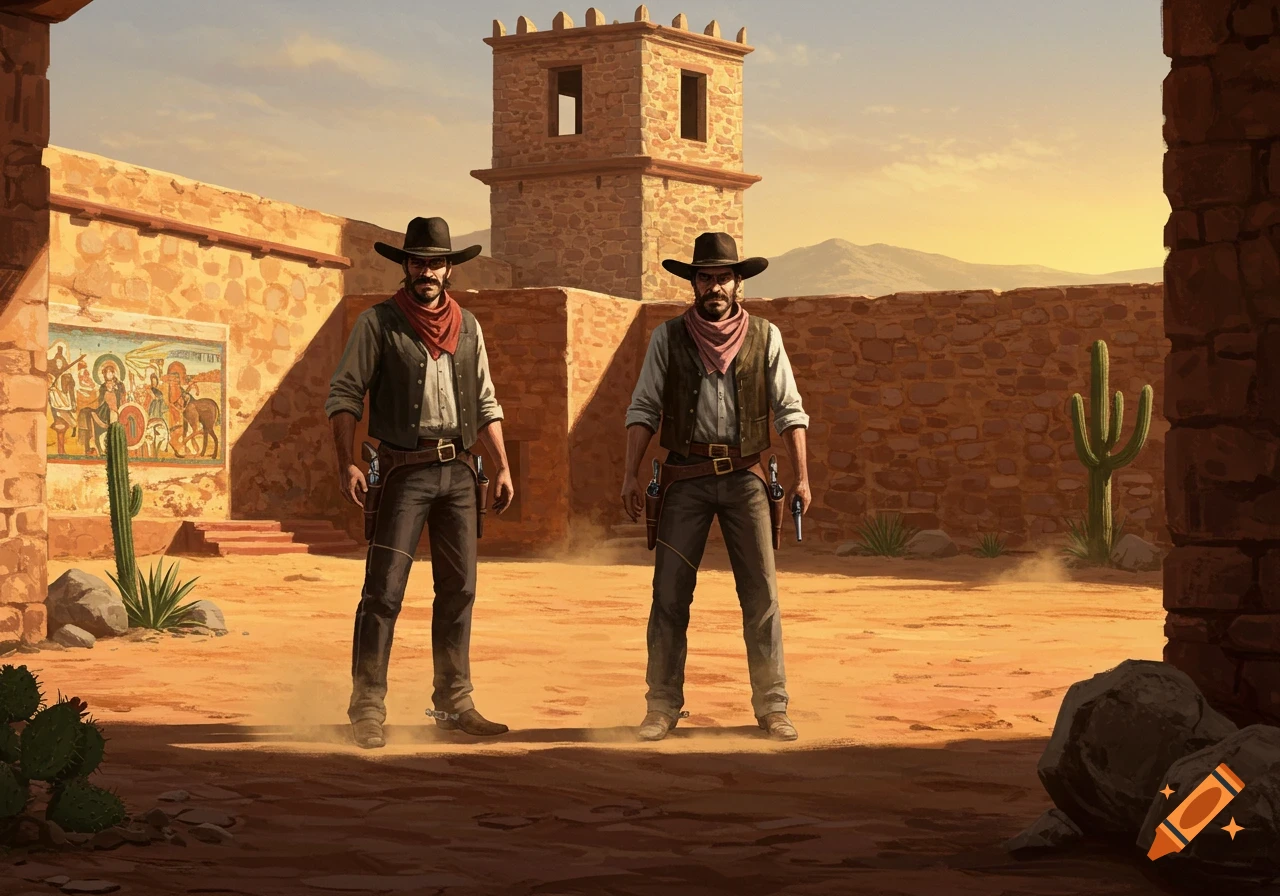 Two cowboys in hats and bandanas stand ready in a dusty Mexican fort courtyard with a stone tower under a sunset sky.