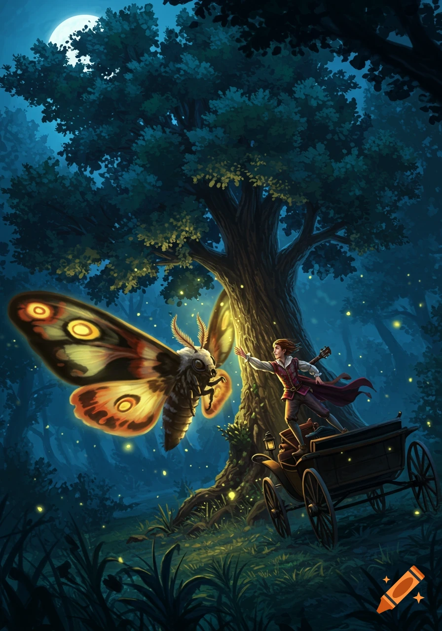 A person in fantasy attire stands on a carriage, reaching out to a large glowing moth in a magical forest under a full moon.