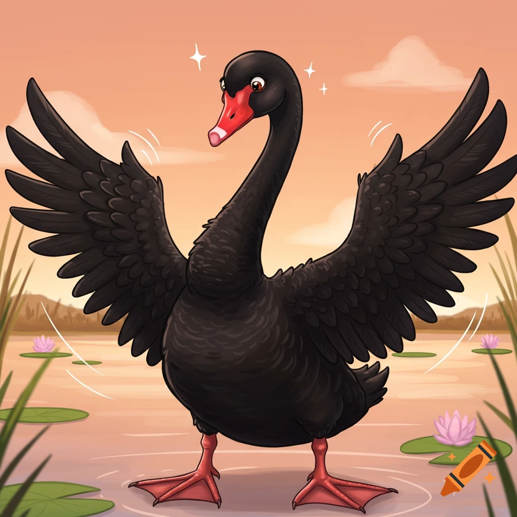 A cartoon black swan with a red beak and feet stands in a pond with lily pads, its wings spread wide under an orange sky.