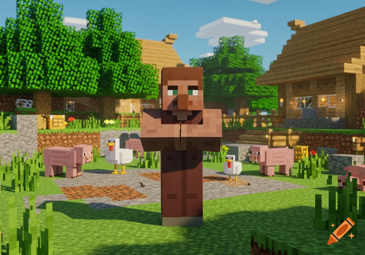 A Minecraft villager stands with connected arms in a blocky village with pigs, chickens, trees, and houses.