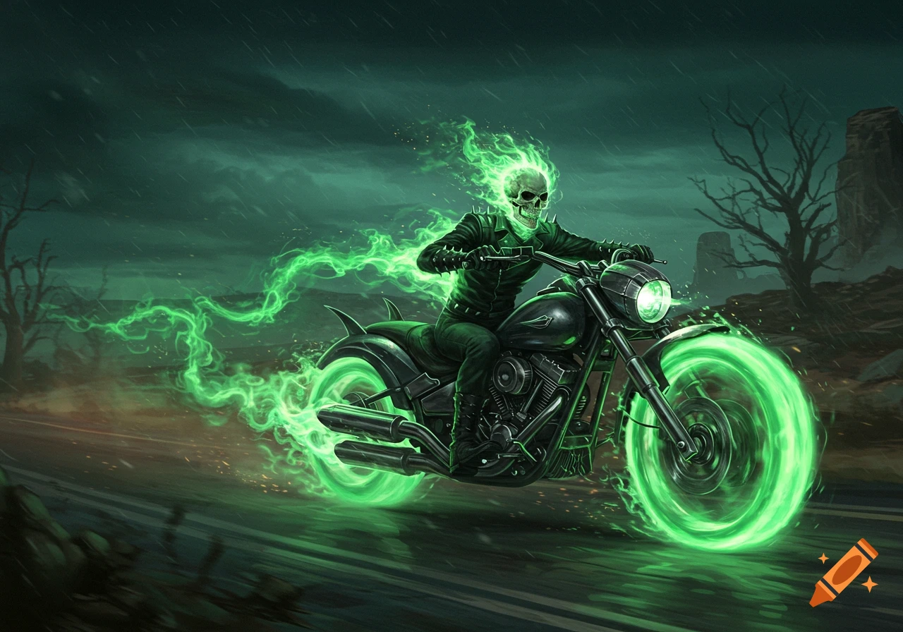 A skeletal rider with a flaming green skull and green energy trails rides a  motorcycle on a dark, stormy road. on Craiyon, image size:1280x896