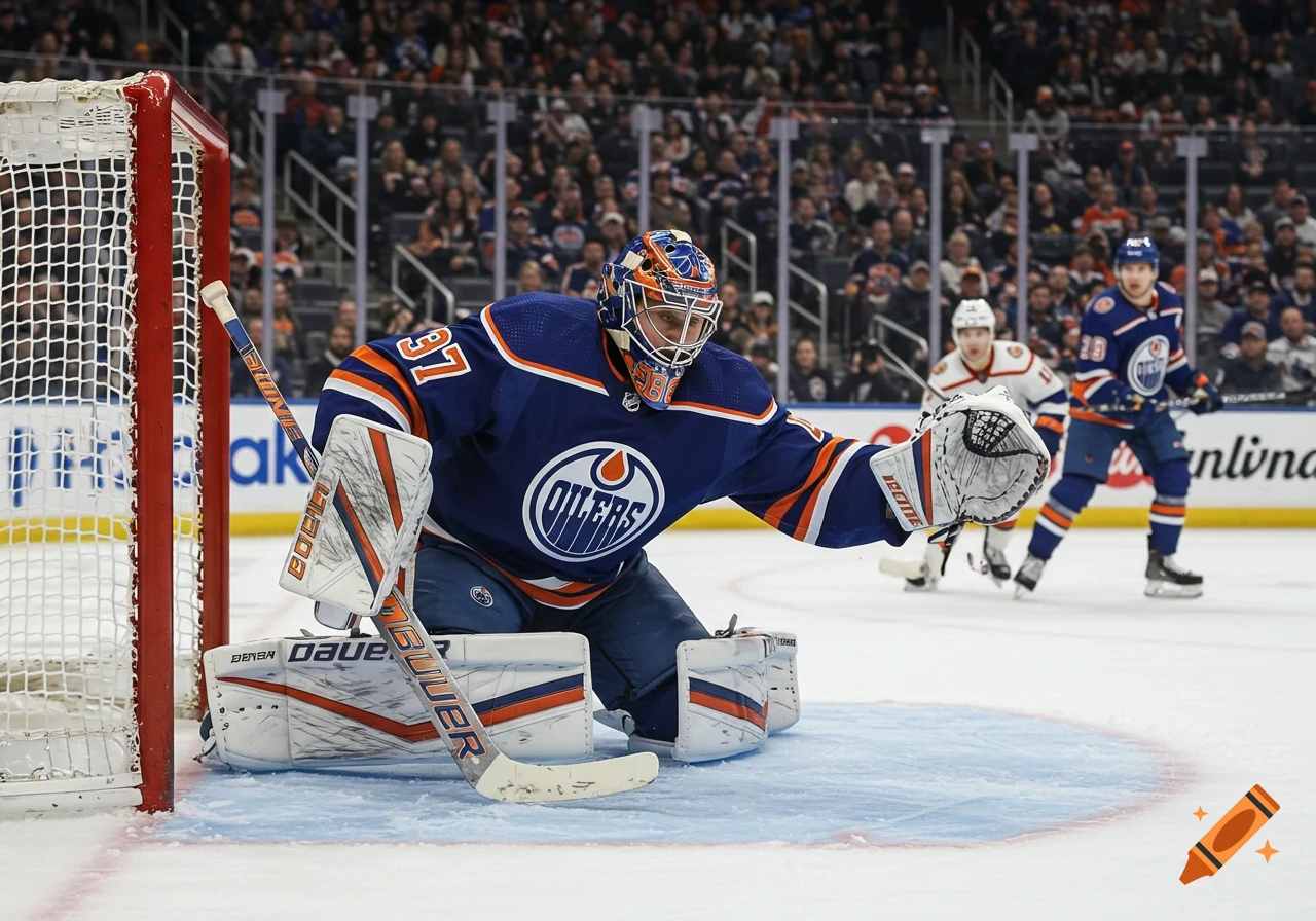 A photorealistic image of a hockey goalie in an Edmonton Oilers jersey and full gear, crouched on the ice, ready for action during a game.