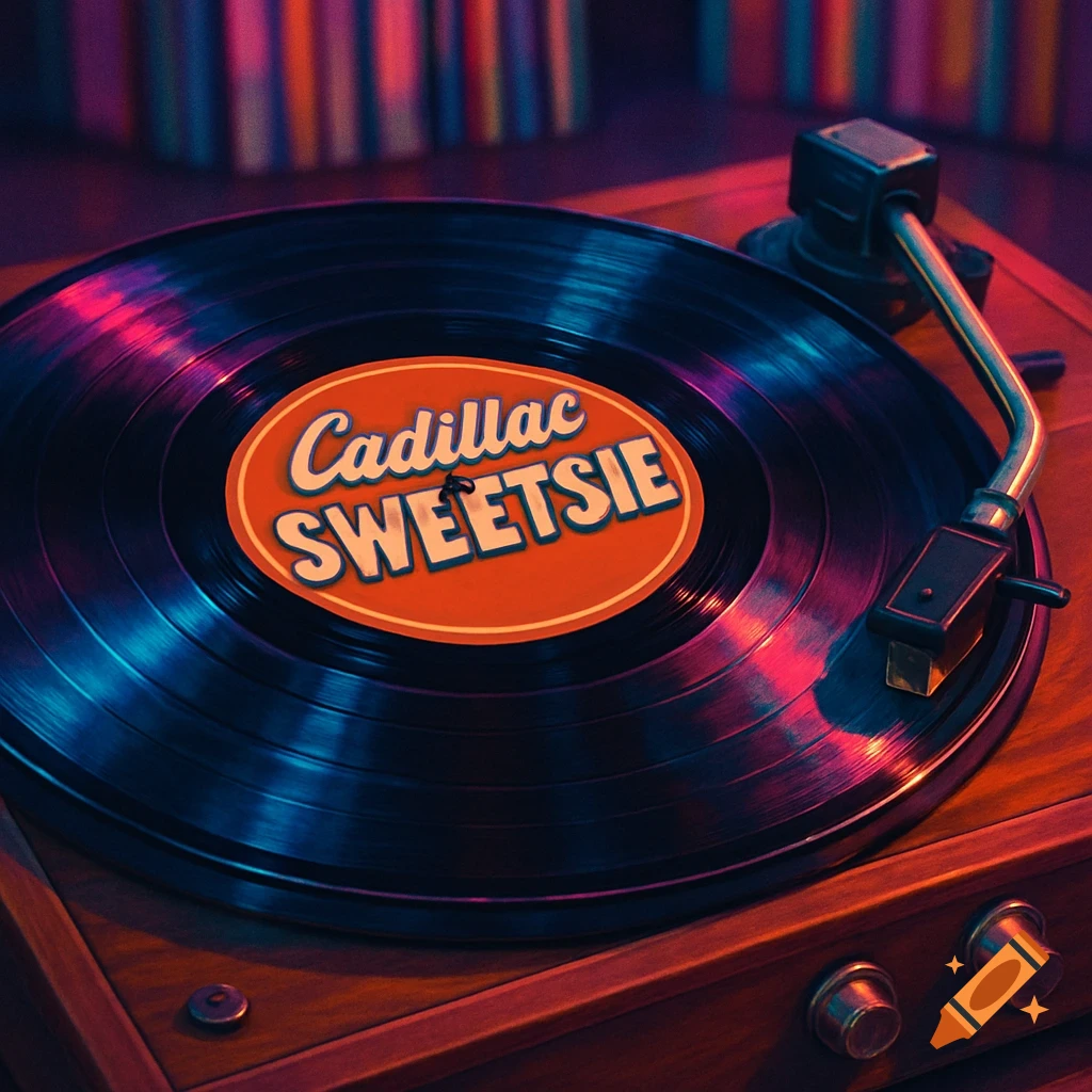 A vibrant, close-up shot of a spinning vinyl record on a wooden turntable, with 'Cadillac SWEETSIE' on the label.