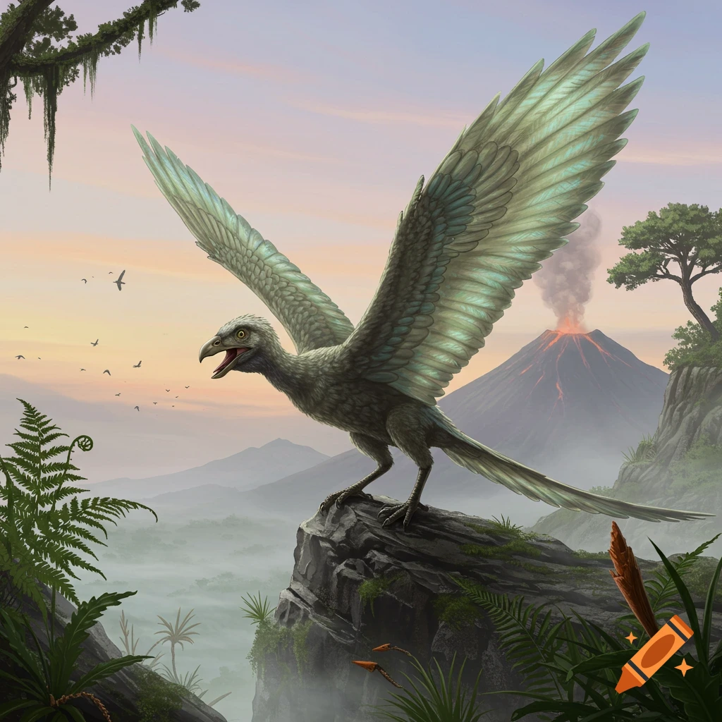 An Archaeopteryx with spread wings on a cliff edge overlooks a prehistoric landscape with an erupting volcano and misty mountains.