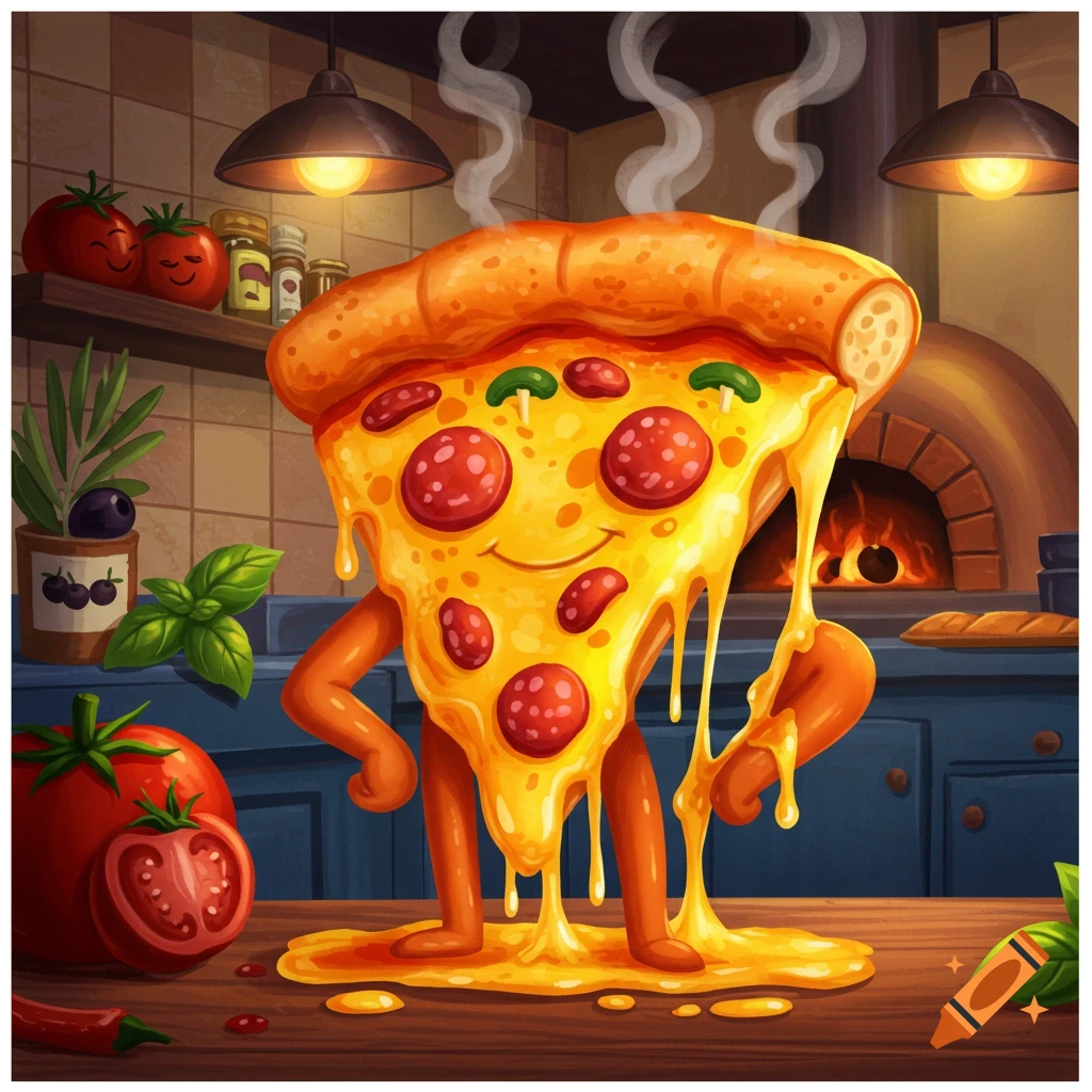 A happy, melting cartoon pizza slice with arms and legs stands in a rustic kitchen with a pizza oven, tomatoes, and basil.