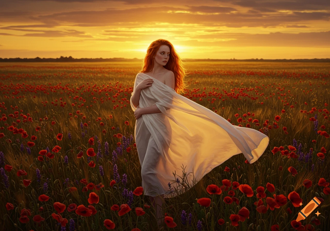 A red-haired woman in a white draped cloth stands barefoot in a field of red and purple flowers under a golden sunset.