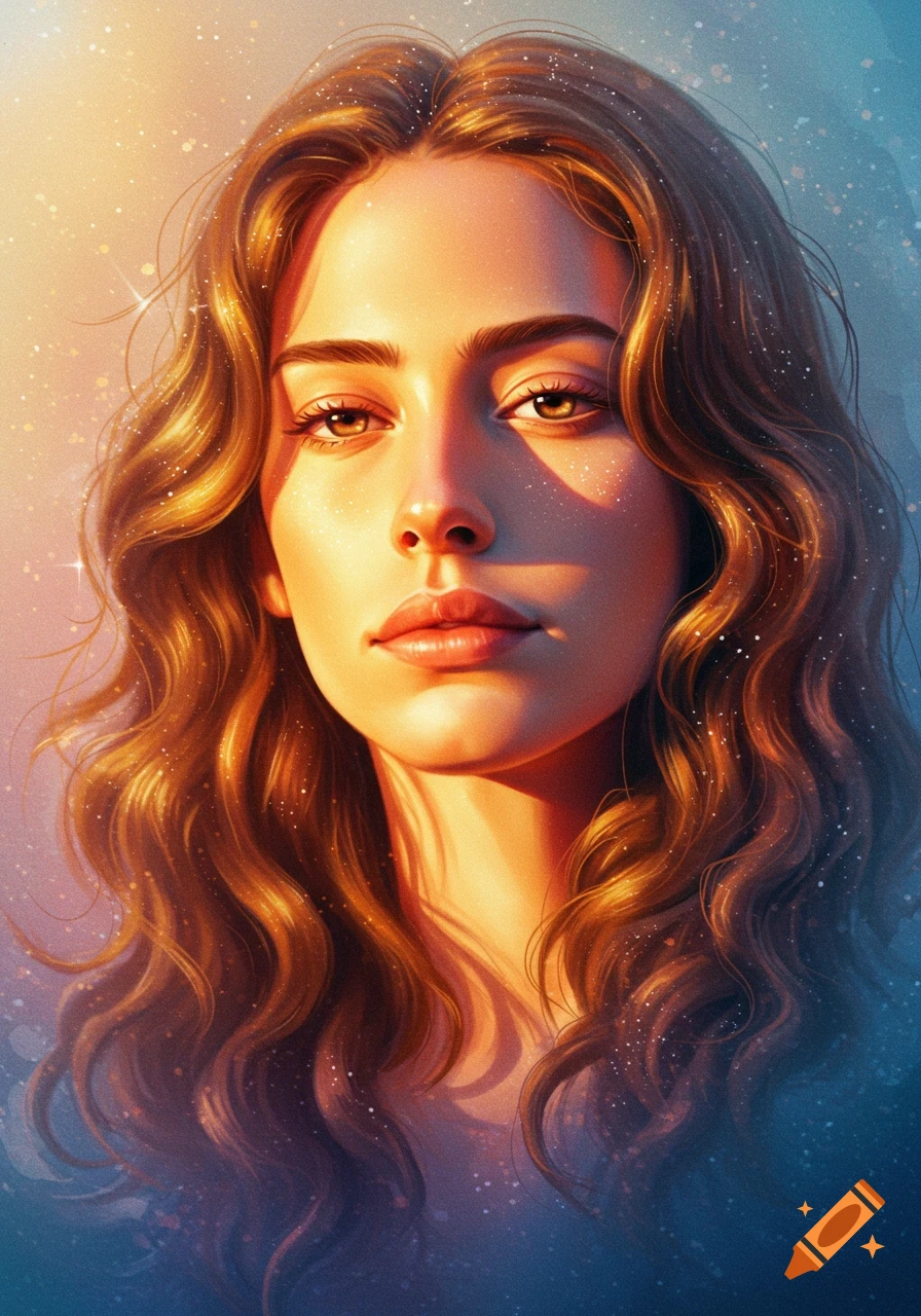 Stylized portrait of a woman with long wavy brown hair, glowing skin, and sparkling light in a warm golden and cool blue setting.